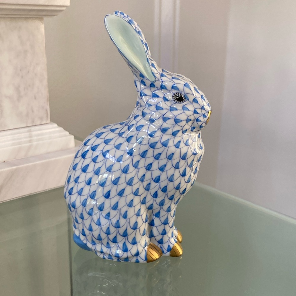 Vintage Herend Blue Fishnet Standing Rabbit/Bunny